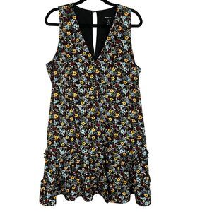 Colorful Floral Tank Mini Dress Black XL Boho Indie Folk Tiered Preppy Retro